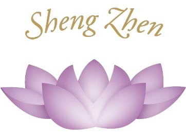 Lavender Lotus flower with words Sheng Zhen above.