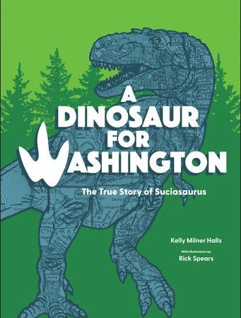 Book cover green with blue dinosaur A Dinosaur for Washington