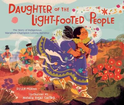 Book cover Daughter of the Light footed people Young woman in purple dress and sandals running through flowers