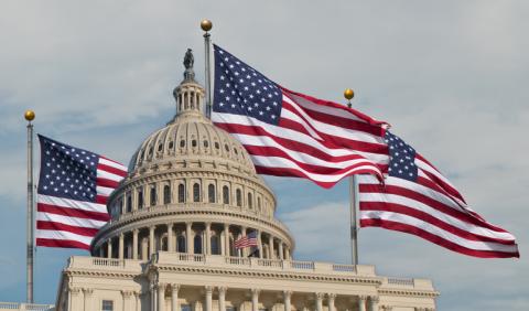 Capitol building with waving flags