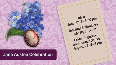 graphic with pink background, and pendant and blue flowers with dates of series