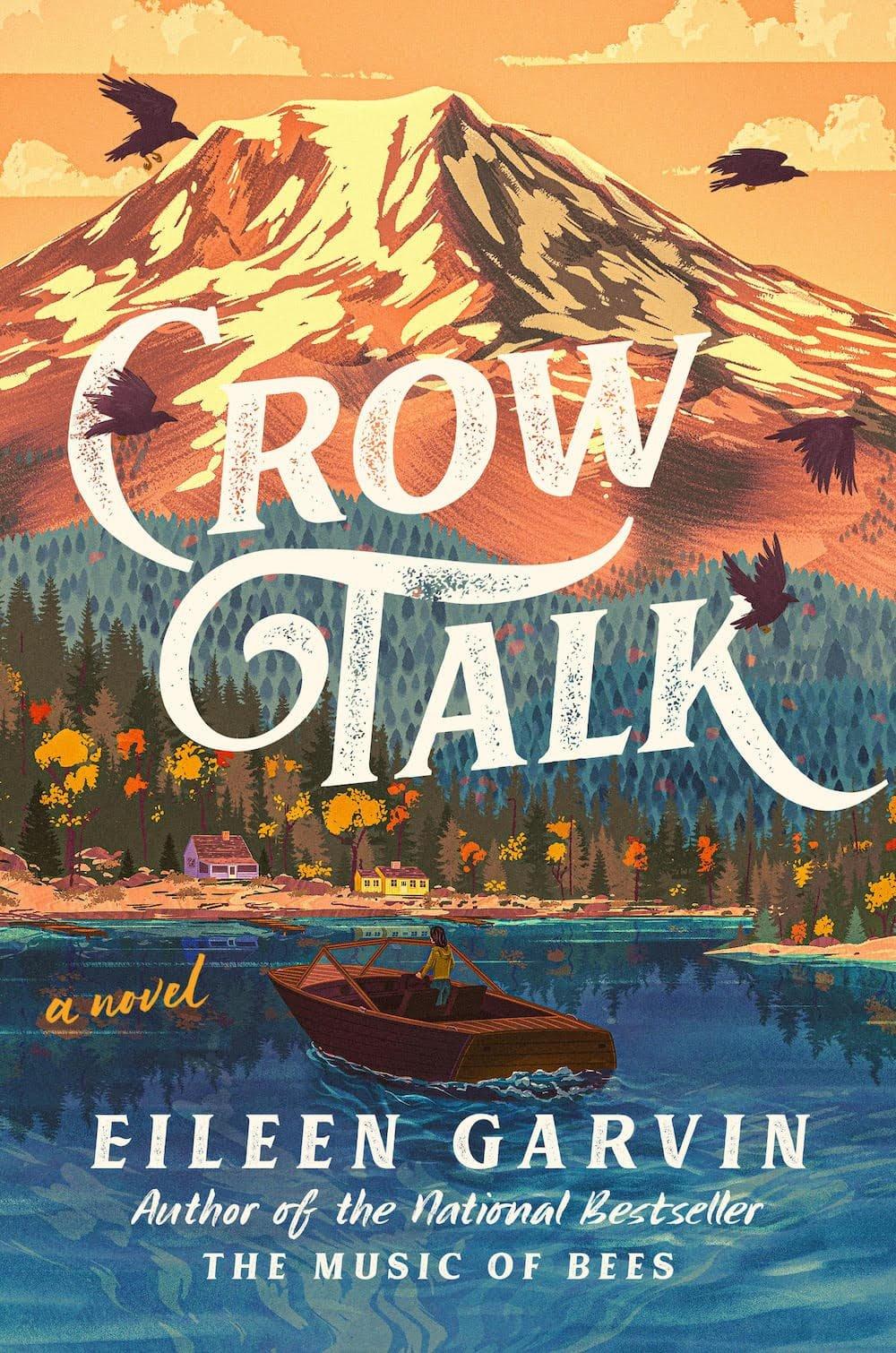 Book cover Crow Talk mountain crows flying small village on river