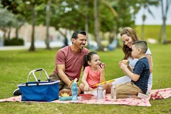 Family of four having picnic on the grass