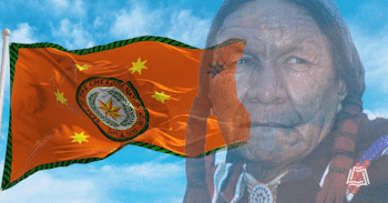 Flag of Cherokee Nation superimposed over the close up of an elder