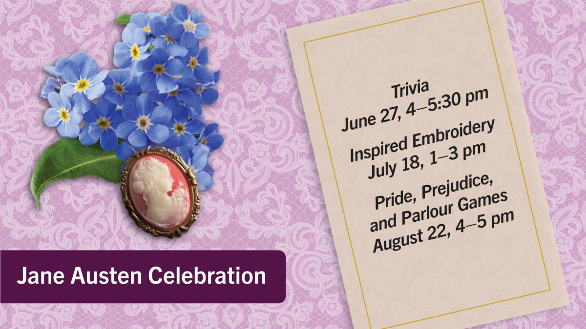 graphic with pink background, and pendant and blue flowers with dates of series
