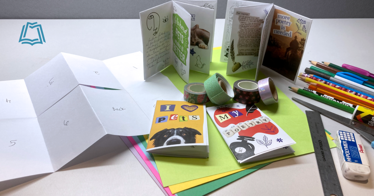 Zine making materials and completed Zine books